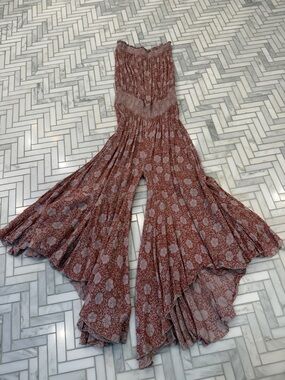Free People Mauve Floral Smocked Wide-Leg Jumpsuit